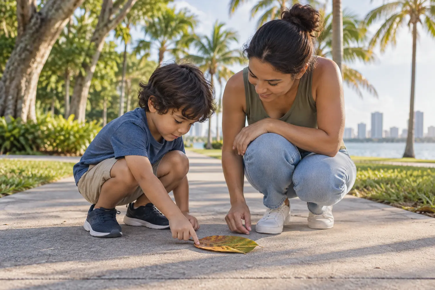 An adult and a child crouch to look at a leaf in a sunny park.