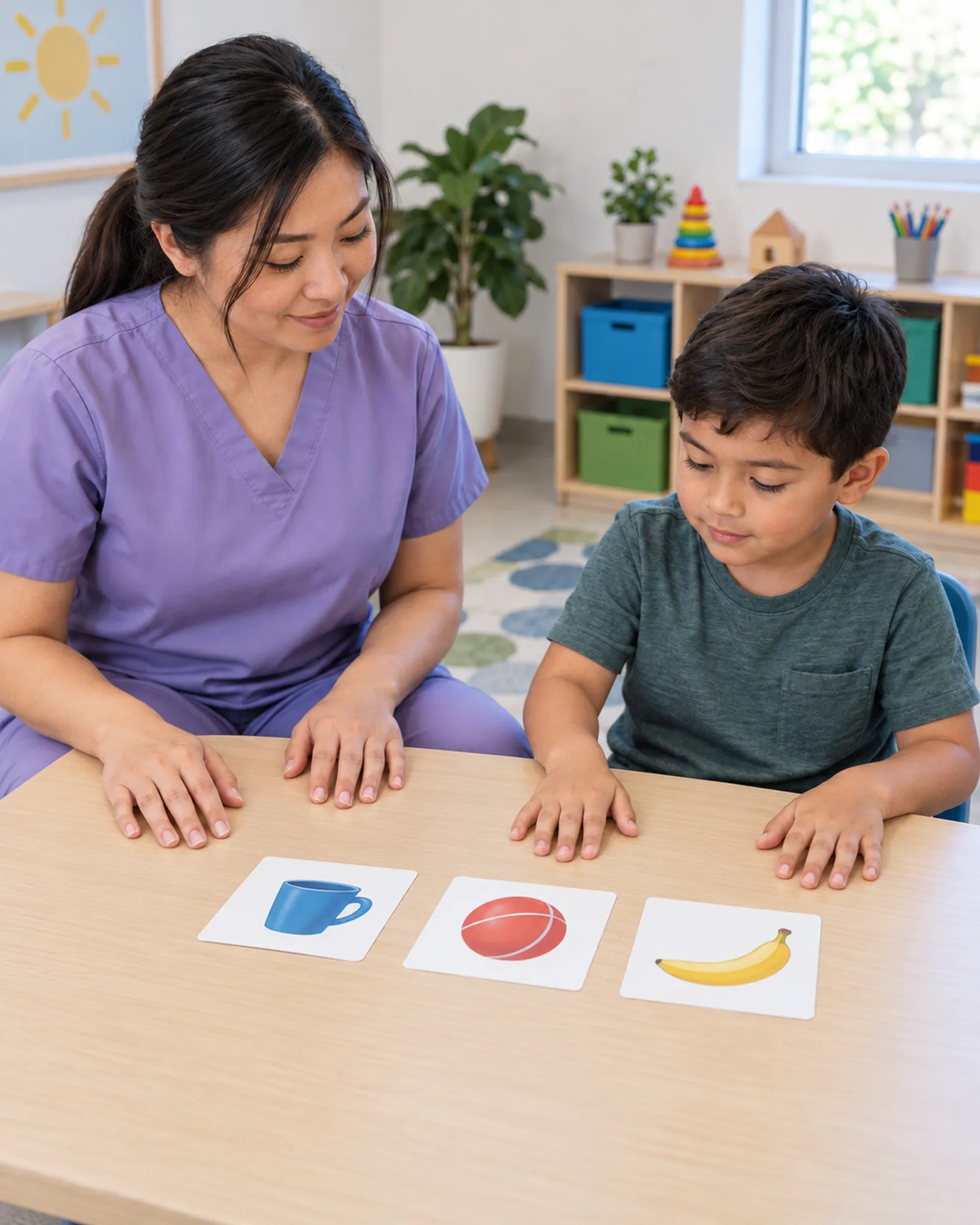 A therapist in purple scrubs and a boy sit at a table with three complete picture cards showing a cup, a ball and a banana.