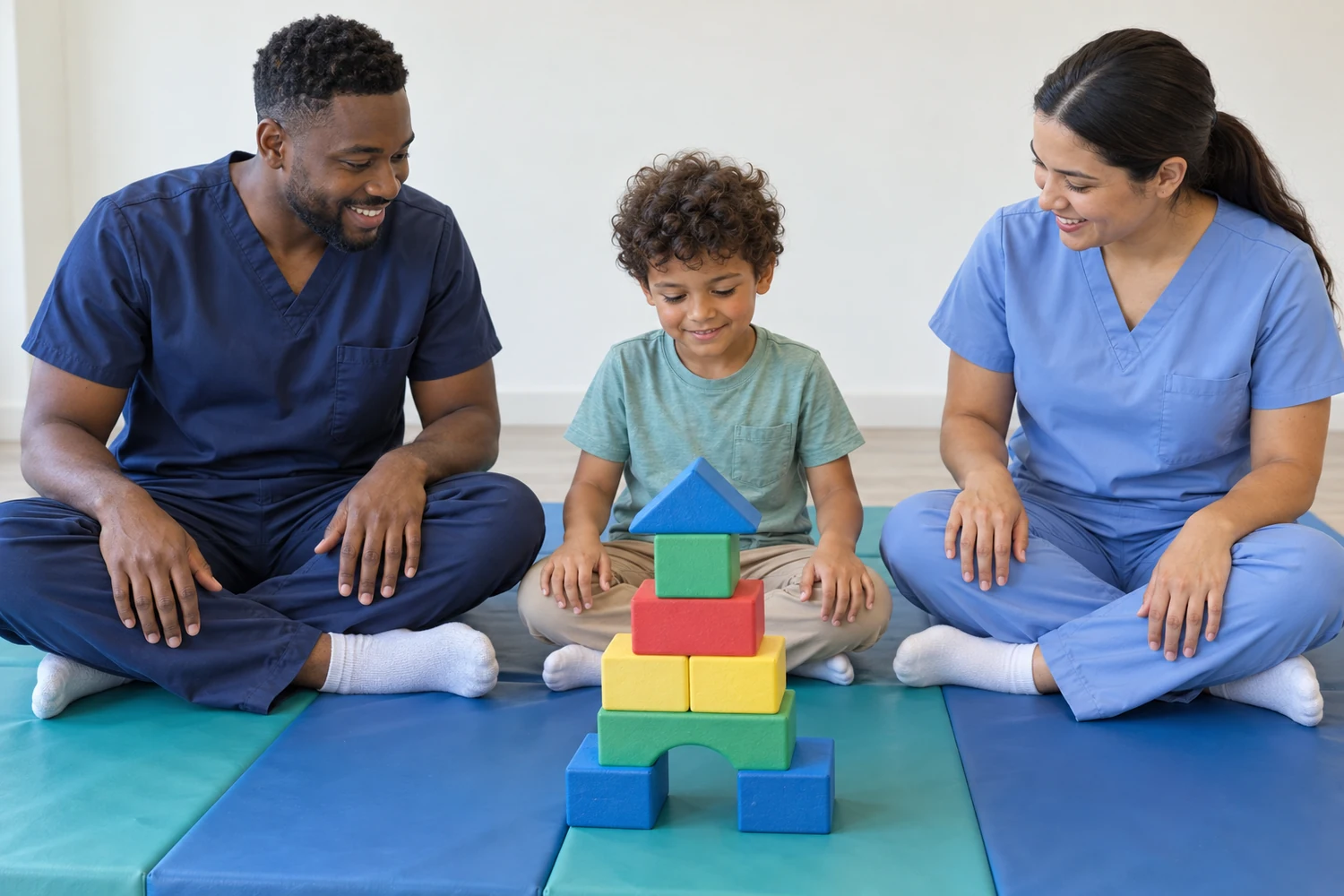 A child builds with large soft blocks on a mat beside two therapists in scrubs.